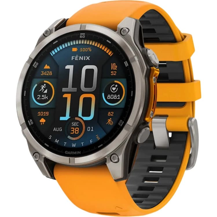 Смарт-часы Garmin Fenix 8 Amoled - 47 mm Sapphire, Титановый светло-серый, оранжевый силиконовый ремешок