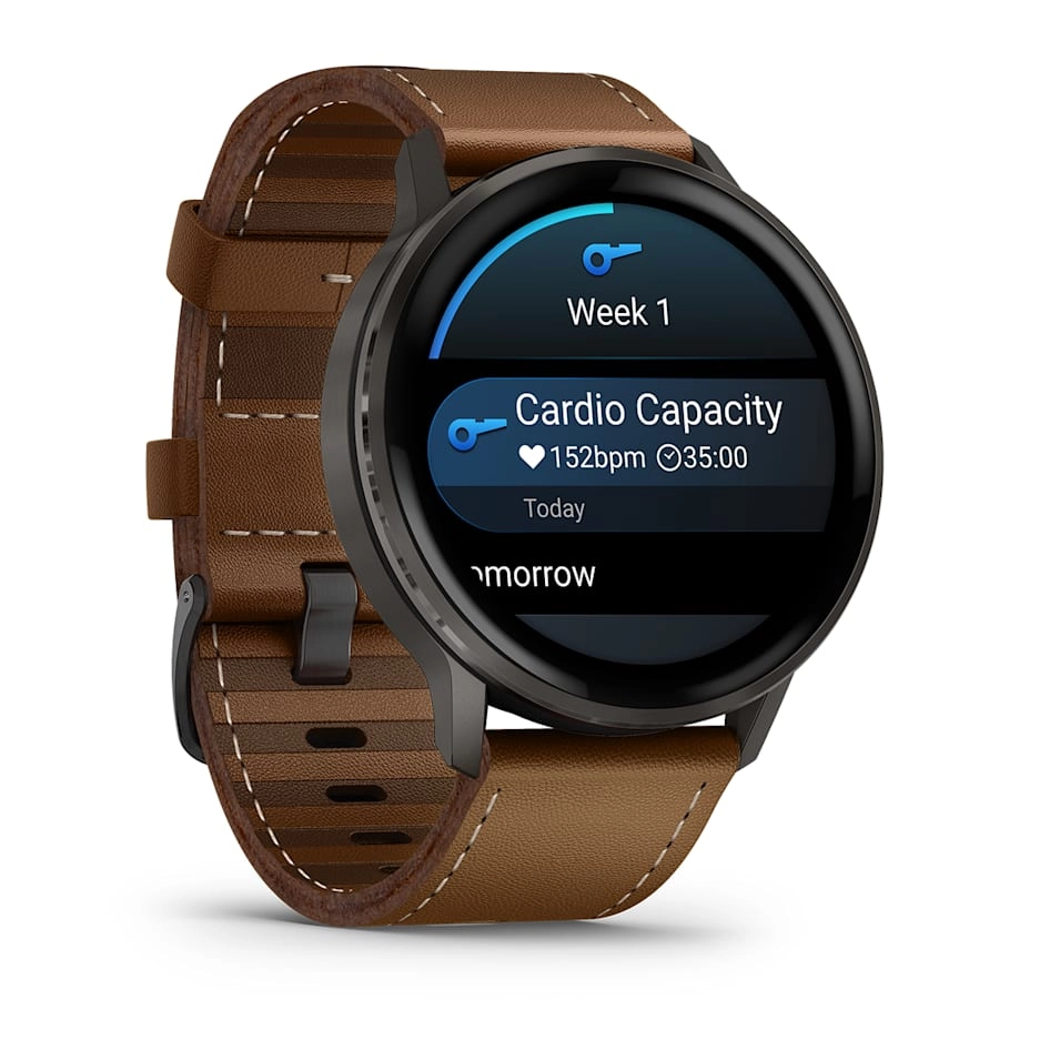 Смарт-часы Garmin Venu 4 - 45 mm, Темно-серый, коричневый кожаный ремешок