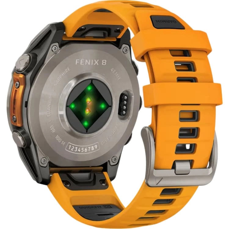 Смарт-часы Garmin Fenix 8 Amoled - 47 mm Sapphire, Титановый светло-серый, оранжевый силиконовый ремешок