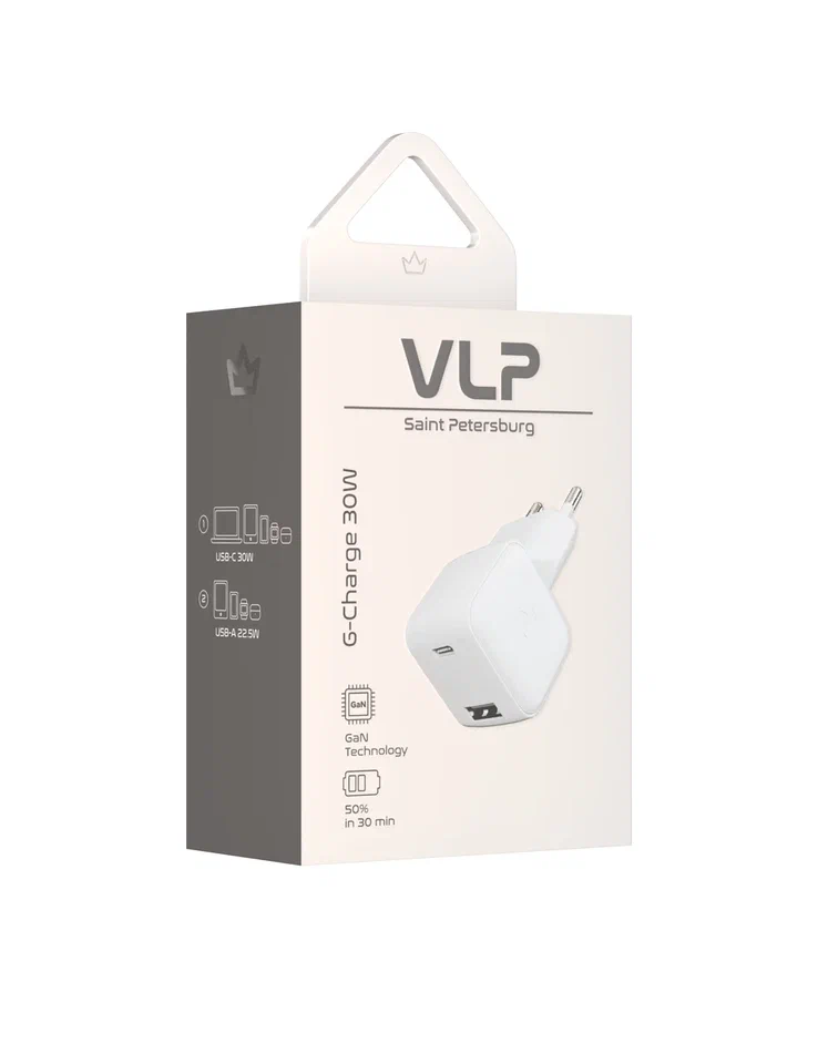 Сетевое зарядное устройство VLP G-Charge 30Вт USB-C+USB-A, QC, белый