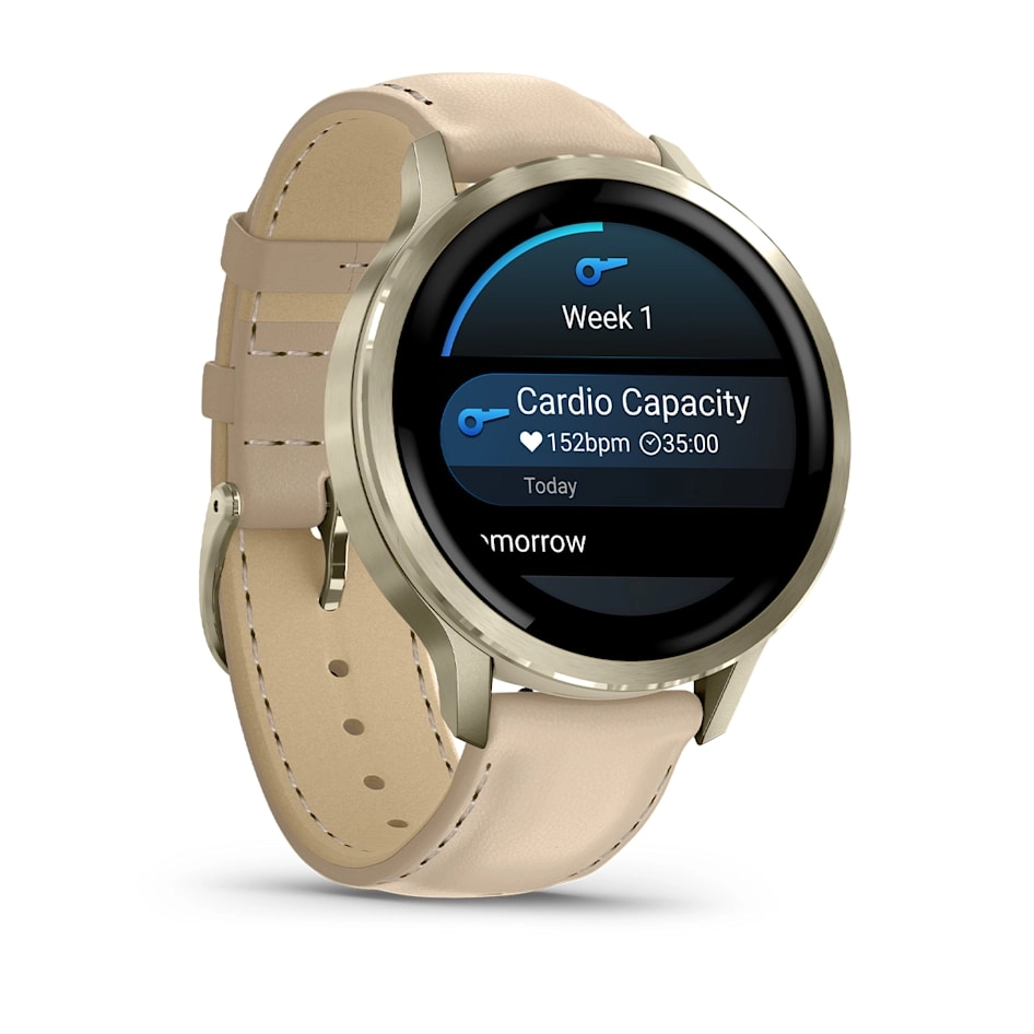 Смарт-часы Garmin Venu 4 - 41 mm, Лунно-золотистый, кожаный ремешок песочного цвета