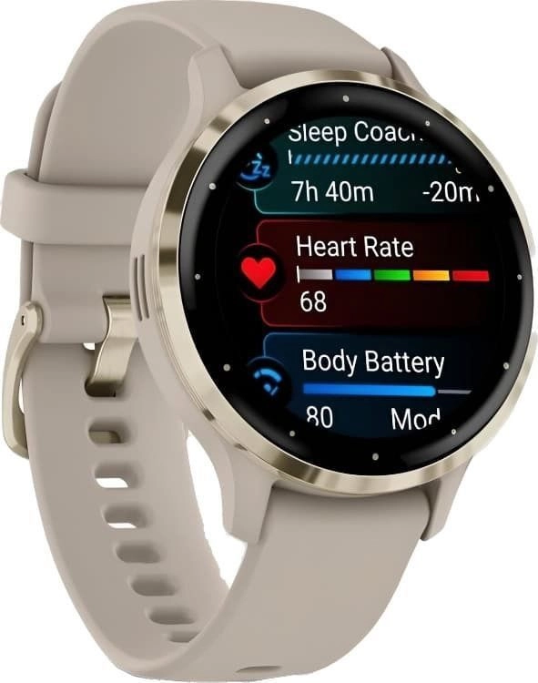 Смарт-часы Garmin Venu 3S - 41 mm, цвет "Французский серый" с золотистым безелем, бежевый ремешок