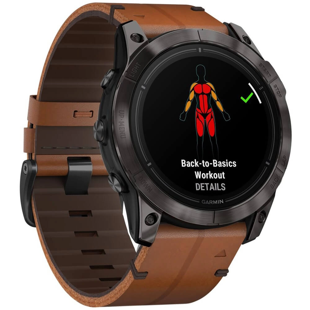 Смарт-часы Garmin Epix Pro (Gen 2) Sapphire Edition - 51 mm, Титановый, угольно-серый безель с DLC-покрытием, коричневый кожаный ремешок