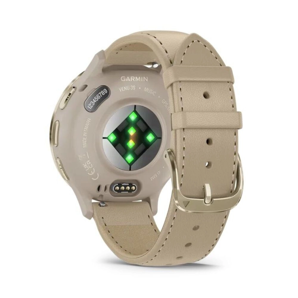 Смарт-часы Garmin Venu 3S - 41 mm, цвет "Французский серый" с золотистым безелем, бежевый кожаный ремешок