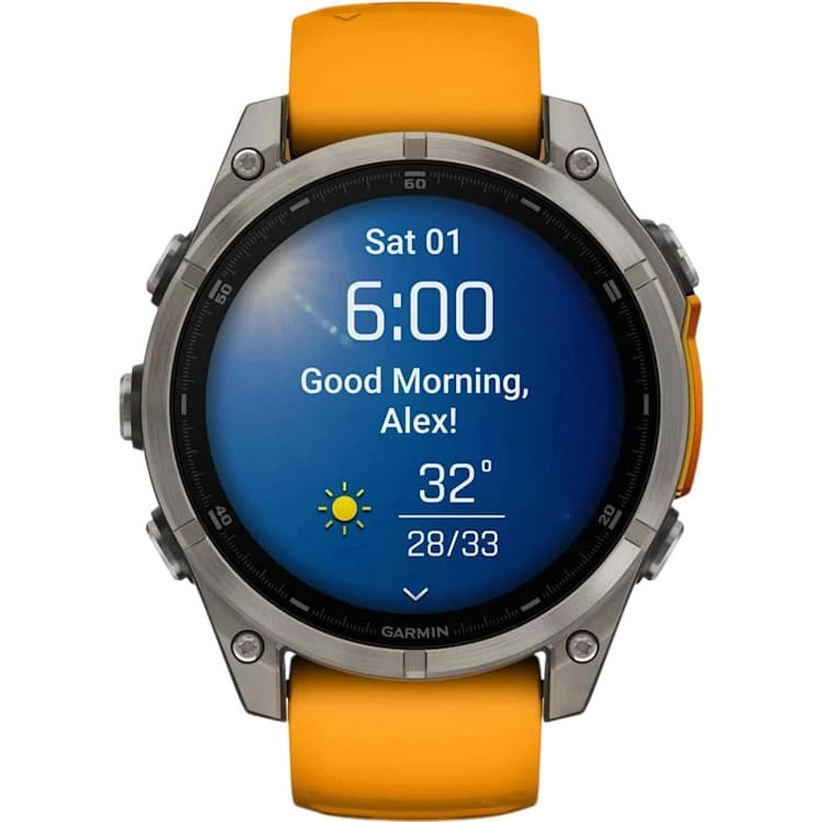 Смарт-часы Garmin Fenix 8 Amoled - 47 mm Sapphire, Титановый светло-серый, оранжевый силиконовый ремешок