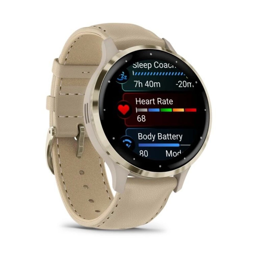 Смарт-часы Garmin Venu 3S - 41 mm, цвет "Французский серый" с золотистым безелем, бежевый кожаный ремешок