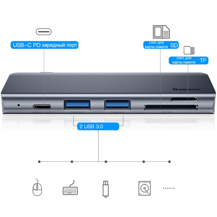 Хаб Baseus Harmonica 5-in-1 HUB Adapter (CAHUB-K0G)
