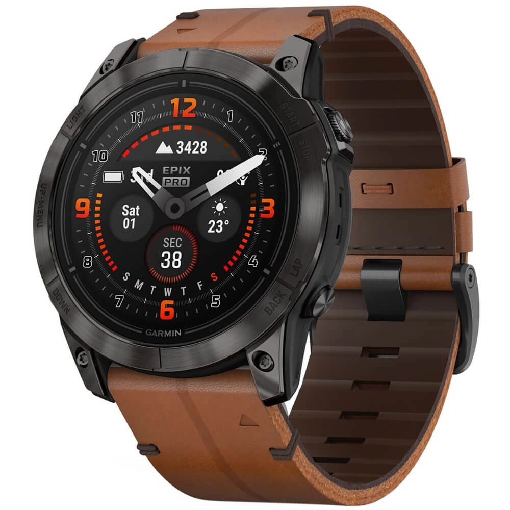 Смарт-часы Garmin Epix Pro (Gen 2) Sapphire Edition - 51 mm, Титановый, угольно-серый безель с DLC-покрытием, коричневый кожаный ремешок