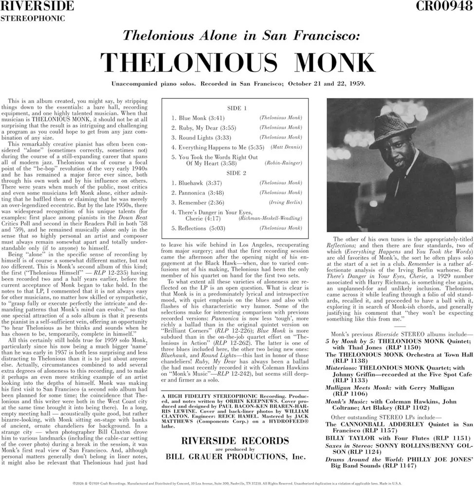Виниловая пластинка MONK THELONIOUS - Thelonious Alone In San Francisco
