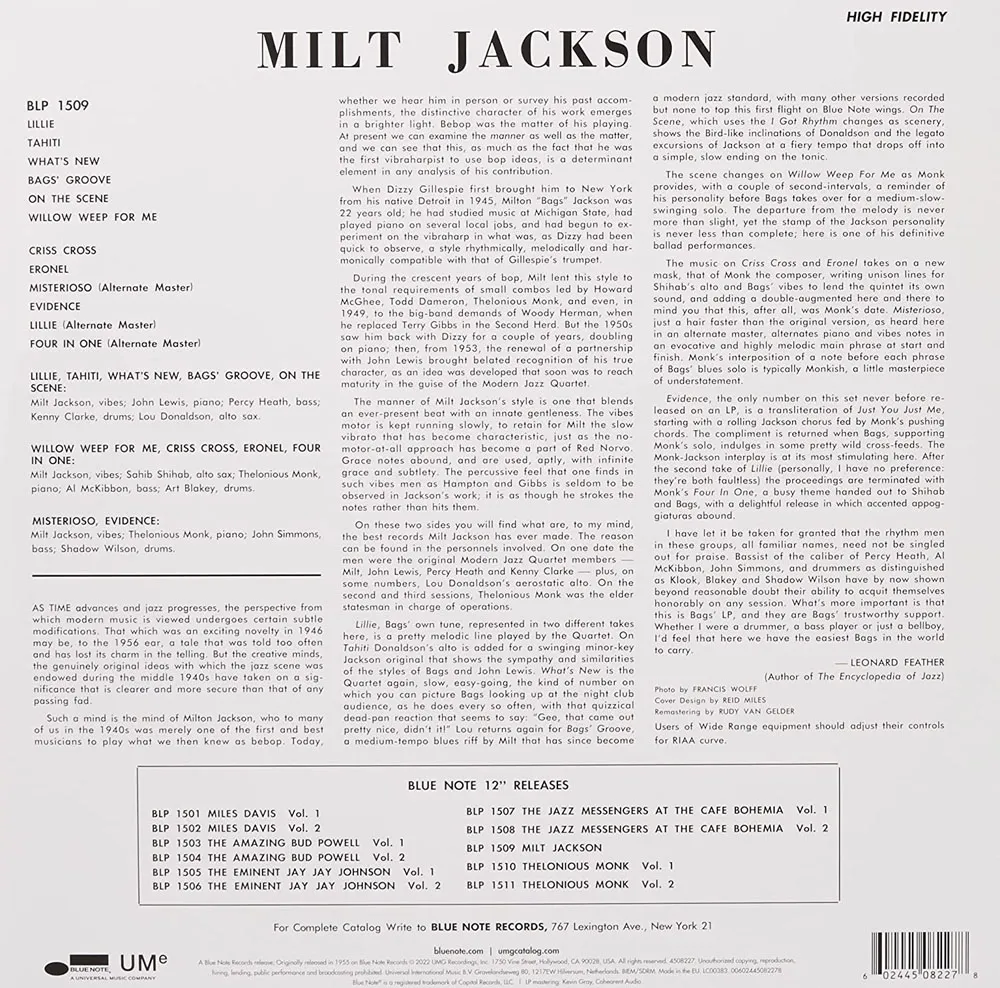 Виниловая пластинка JACKSON MILT - Milt Jackson With John Lewis, Percy Heath, Kenny Clarke, Lou Donaldson And The Thelonious Monk Quint