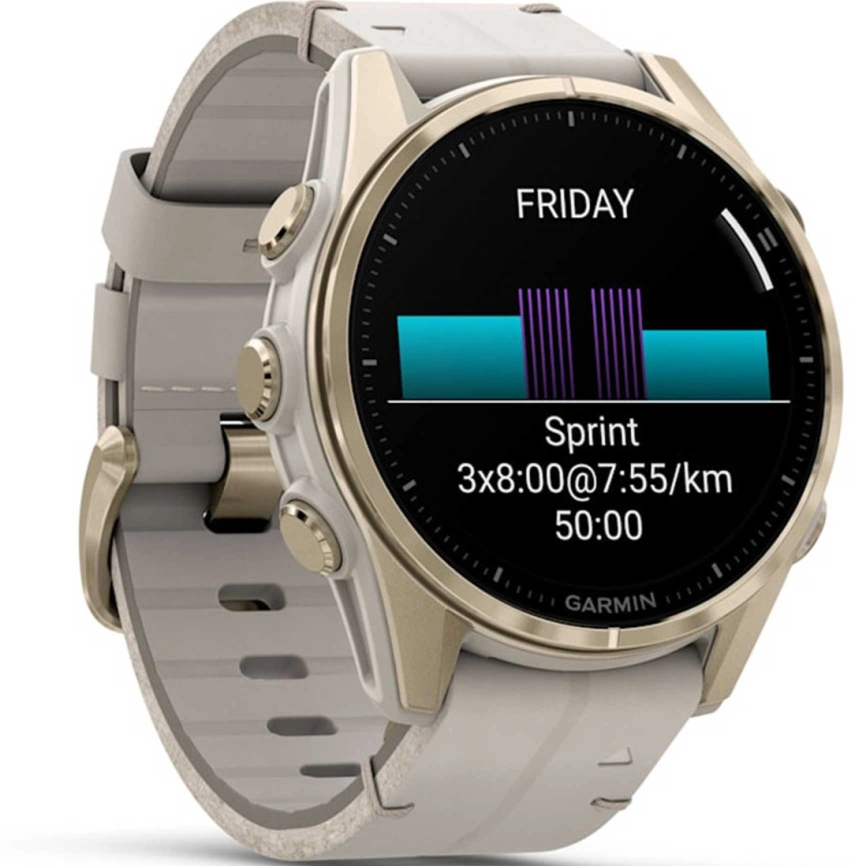 Смарт-часы Garmin Fenix 8 Amoled - 43 mm, Золотистый, серый кожаный ремешок