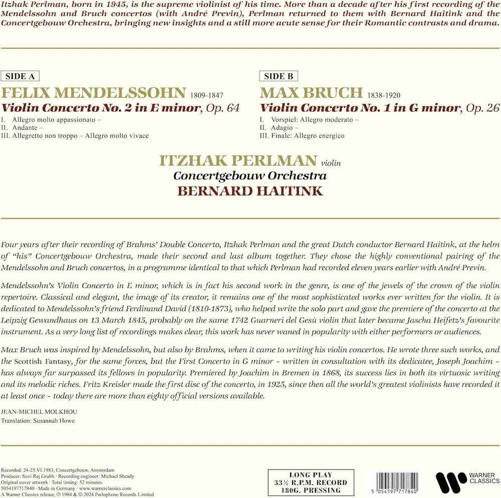 Виниловая пластинка PERLMAN ITZHAK - Mendelssohn & Bruch Violin Concertos