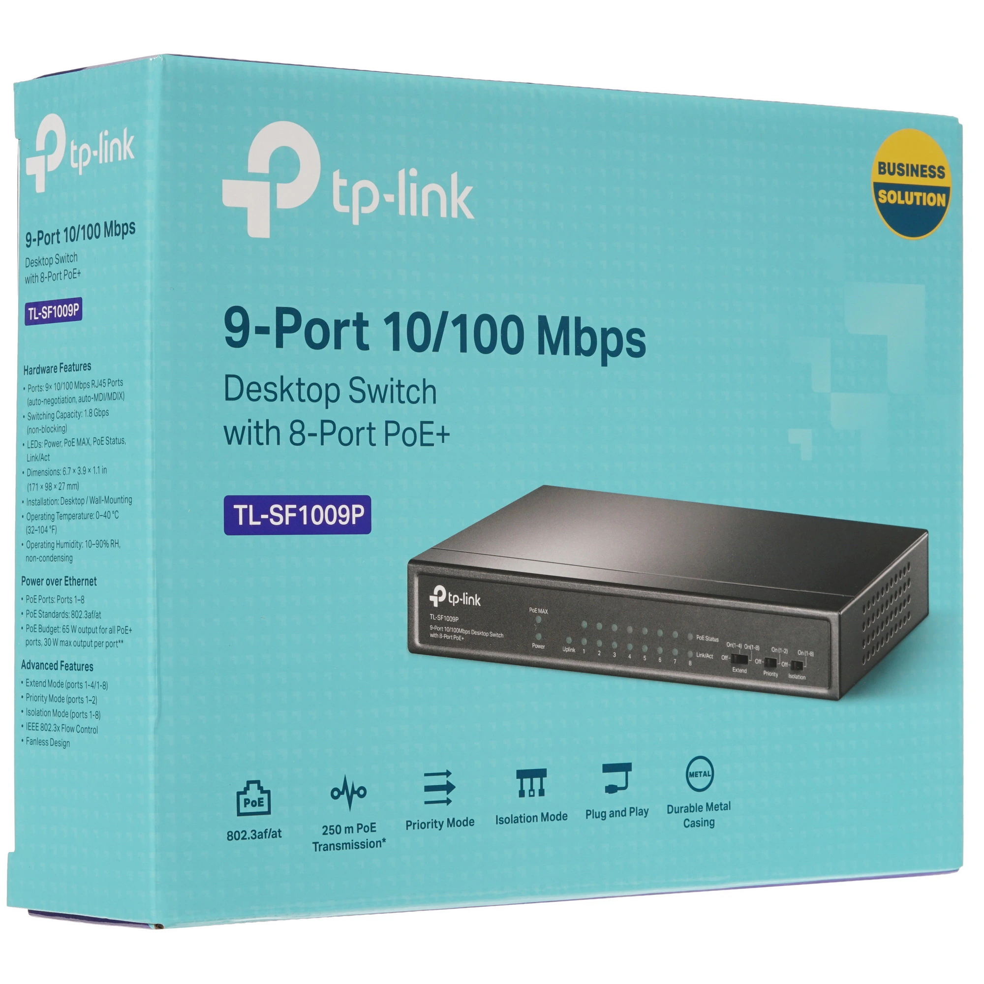 Коммутатор TP-Link TL-SF1009P, 9 портов (8xPoE+), 10/100 Мбит/с, неуправляемый