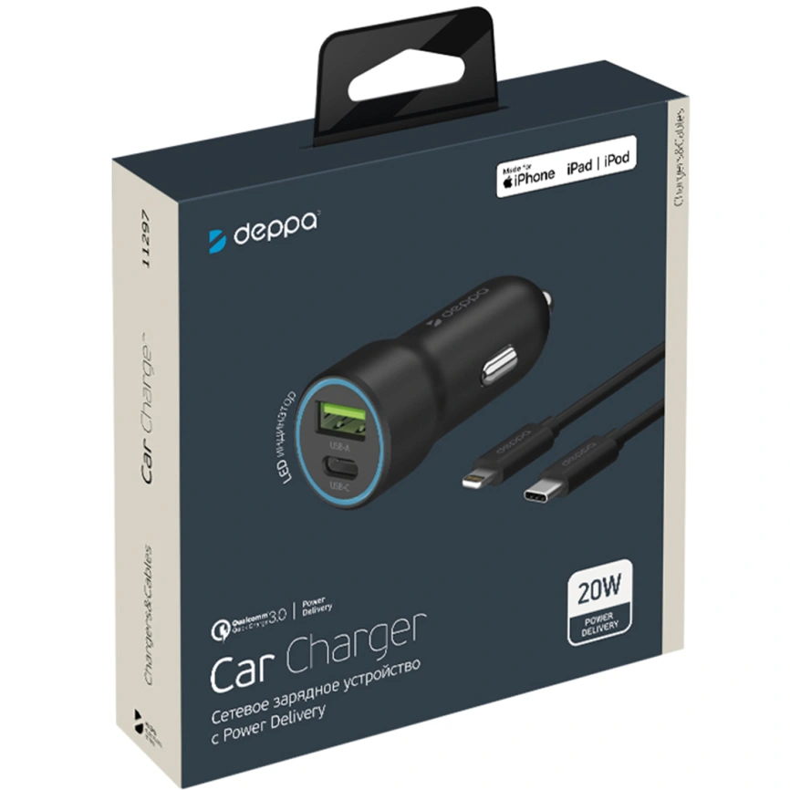 Автомобильное зарядное устройство Deppa 20W USB-A-USB-C 11297 Black