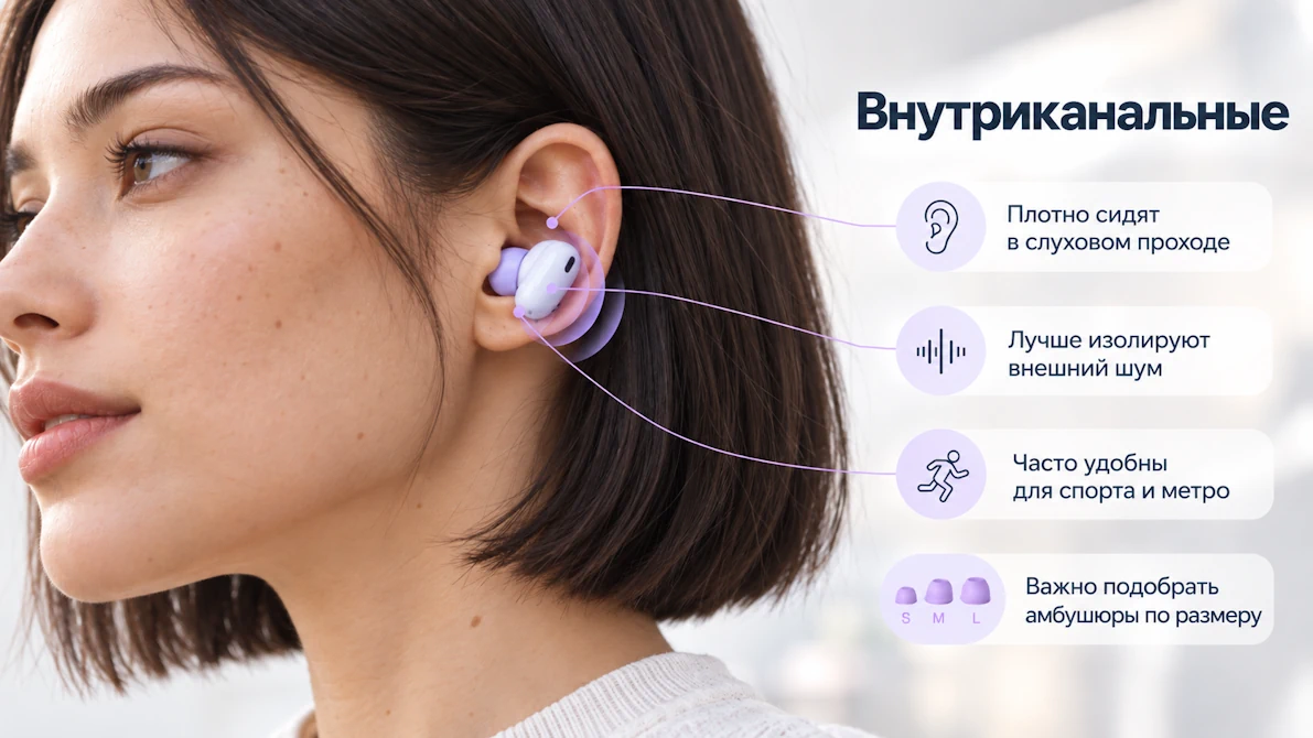 Внутриканальные наушники с силиконовыми амбушюрами плотно располагаются в слуховом проходе
