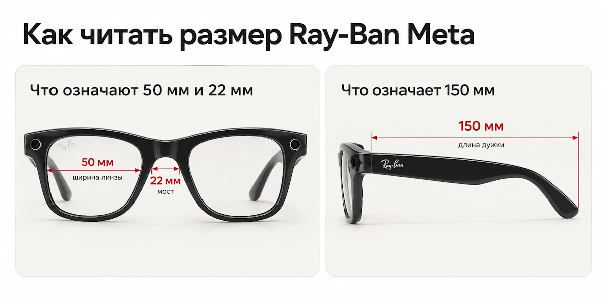 Как читать размер Ray-Ban Meta: ширина линзы, мост и длина дужки Как читать размер Ray-Ban Meta: ширина линзы, мост и длина дужки